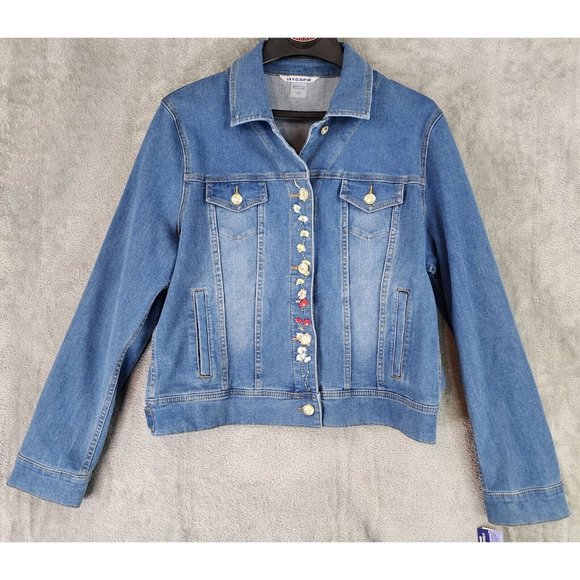 Nygard Jean Jackets Womens Large Blue Floral Embroidered Distressed Button Up - Picture 2 of 13